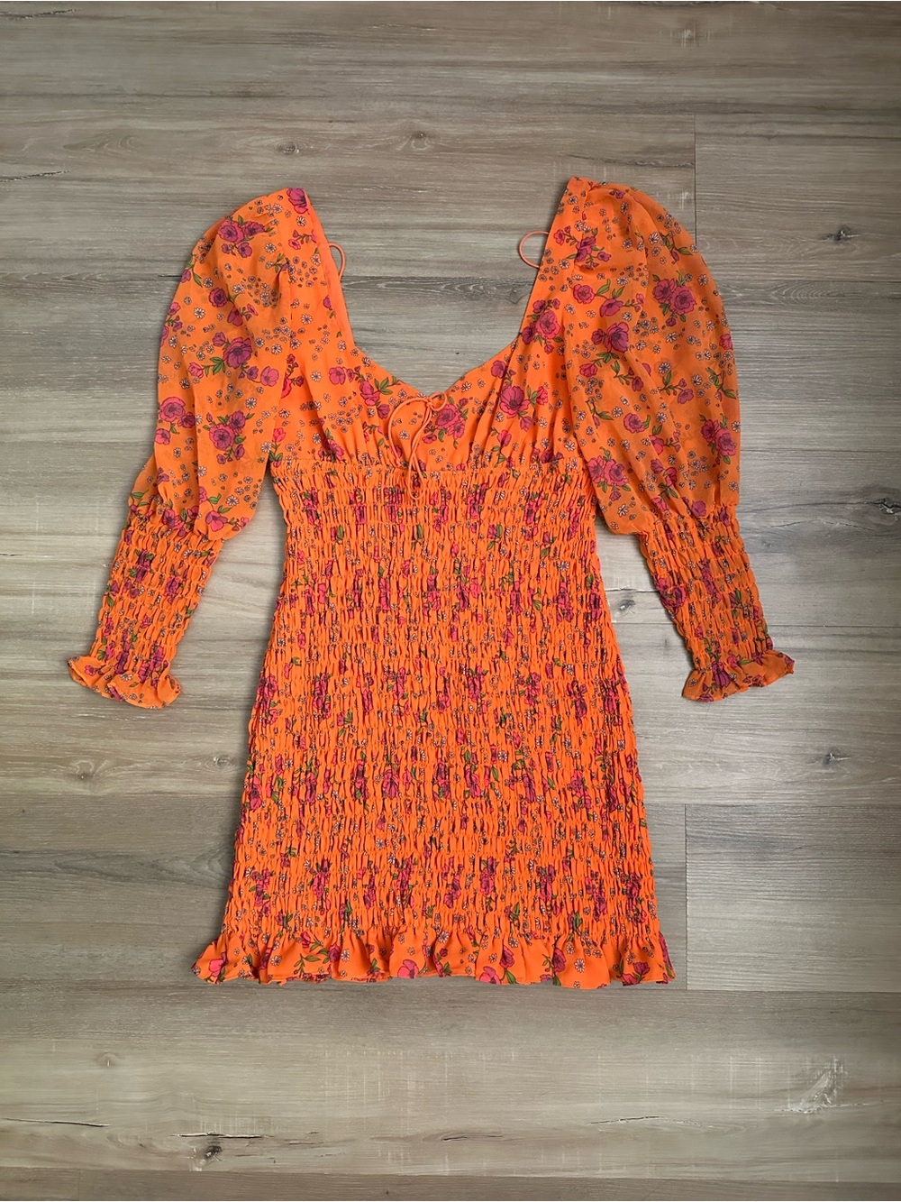 For Love & Lemons Peony Floral Smocked Mini Dress – Orange/Pink